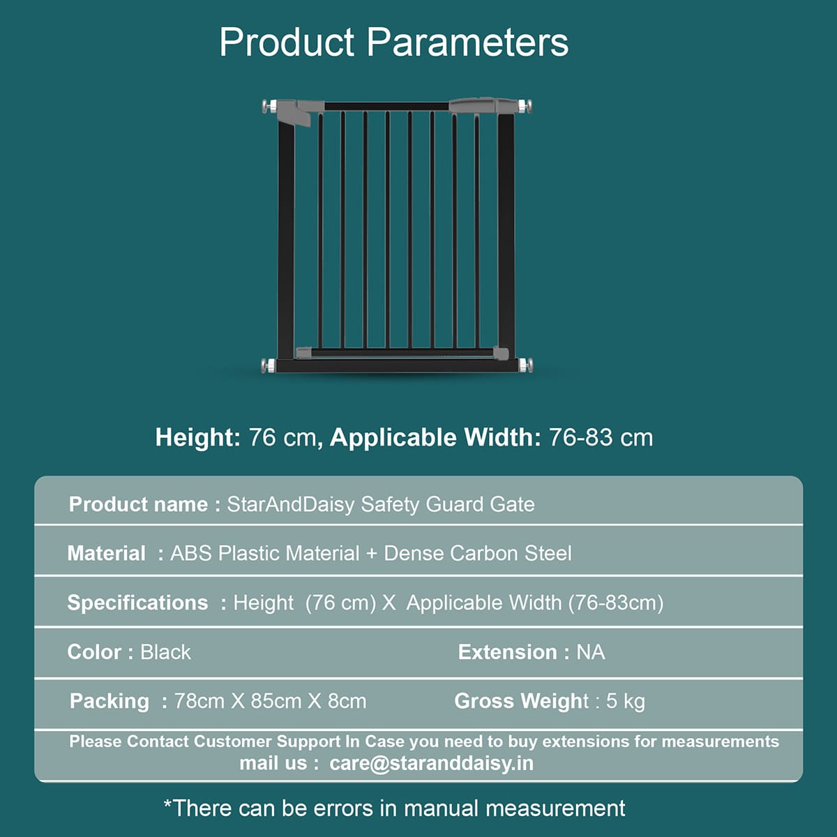 StarAndDaisy Metal Baby Gate - Safety Door With Extra Wide Pressure Mounted Gate For Stairs & Doorways 76 by 83cm - Black