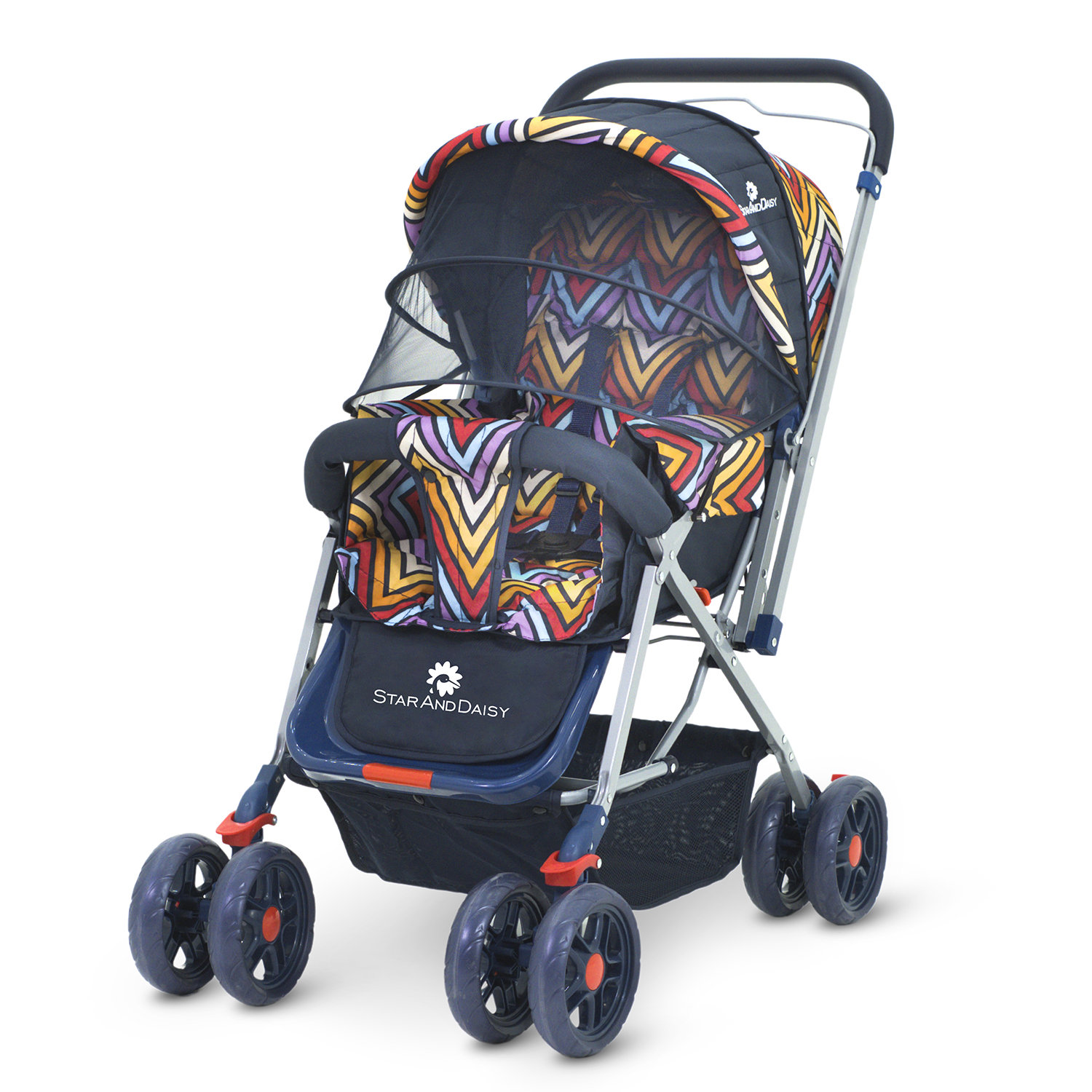 StarAndDaisy Sunrise Baby Stroller and Pram with Extended Mosquito Net and Ultra Soft Cushions & Reversible Handlebar (Vibrant Multicolor)