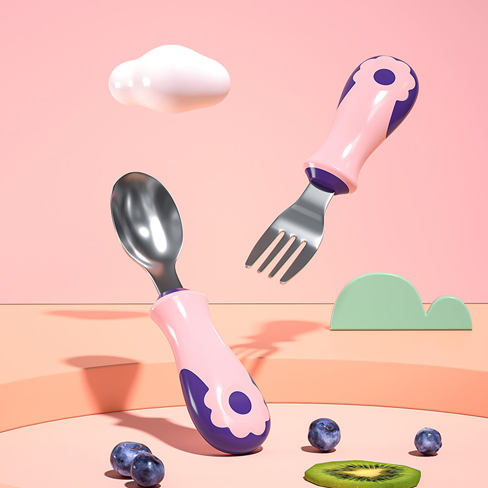 StarAndDaisy Stainless Steel Cutlery Set for Kids, Training Spoon & Fork with Storage Box Portable Tableware for Baby - Pink Blue