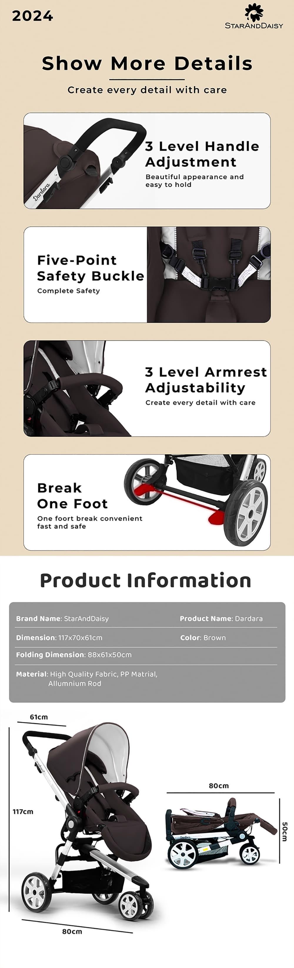 Travel Friendly Baby Stroller with 5-Point Safety Belt