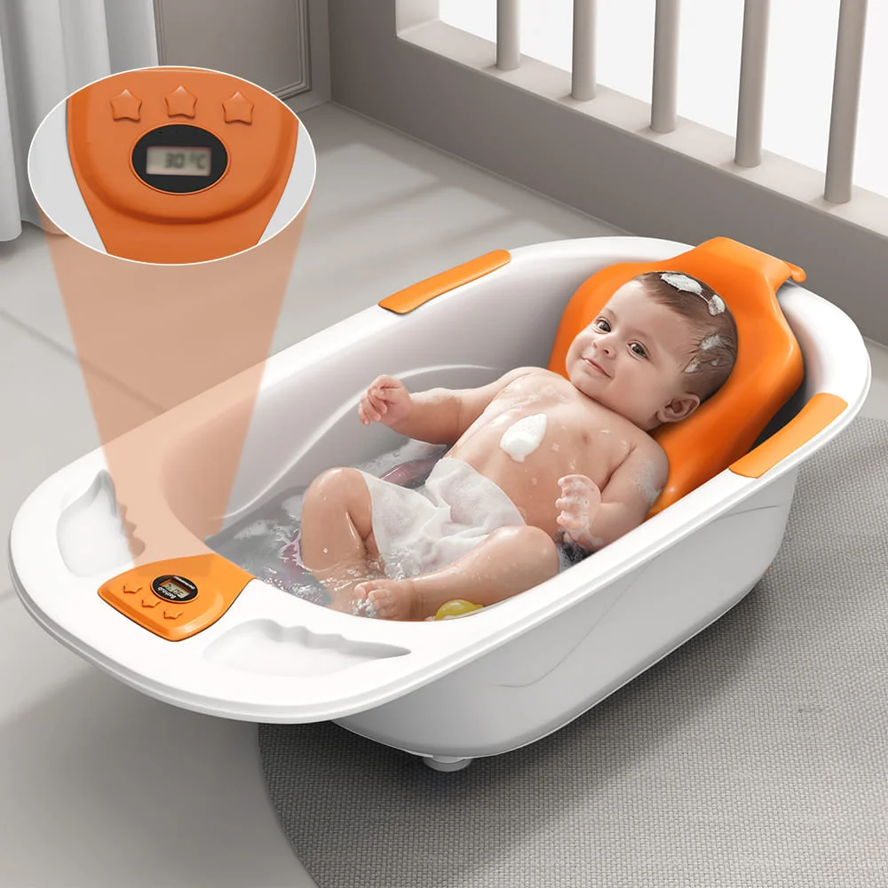 StarAndDaisy Newborn Baby Bathtub with Bath Seat, Infants & Toddlers Bathtub with Temperature Sensor & Non-Slip Surface - Orange
