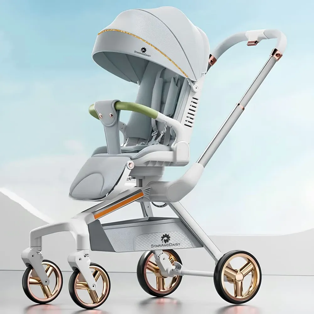 StarAndDaisy Meta Luxe Baby Stroller, High View Stroller with 360° Rotating Seat, 3-Level Reclining Backrest & Extra-Large Footrest – Grey