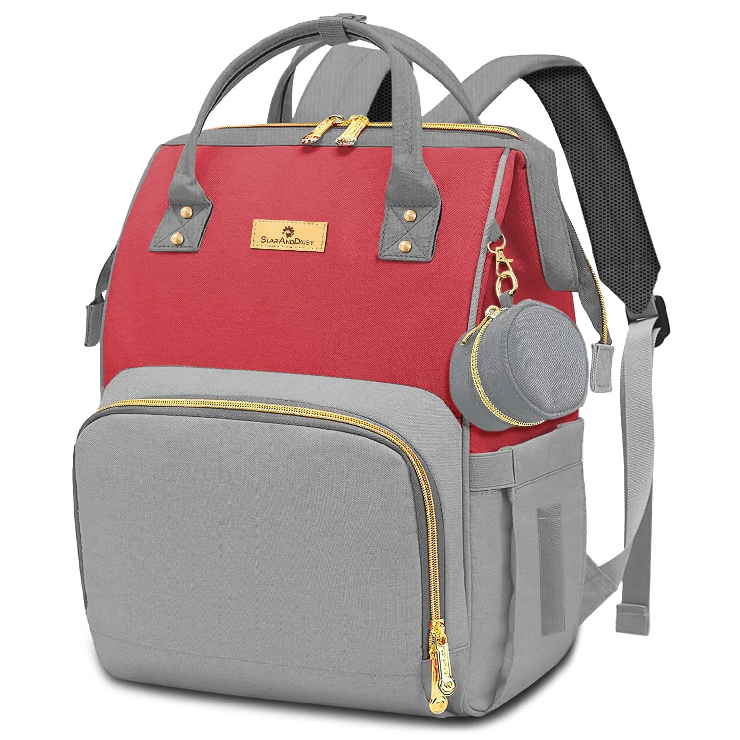 StarAndDaisy Premium Diaper Bag for New Moms with Multi-Compartments, Insulated Bottle Pocket, Extra Small Pouch - Red Grey