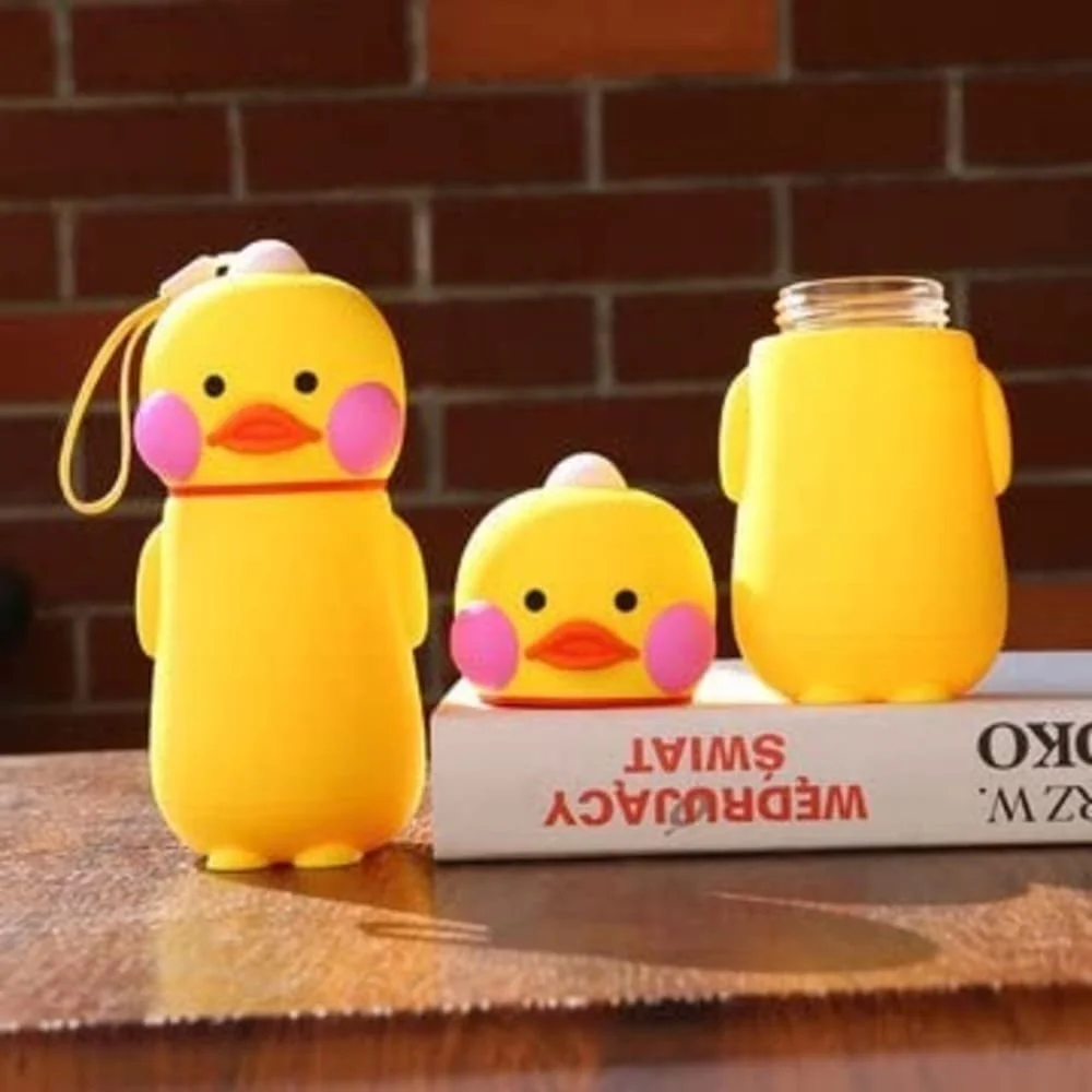 Shy Duck Glass Bottle for Kids | Cute Creative Cartoon Travel Flask, Hot & Cold Thermos Flask for Coffee, Shakes & Juice | 300 ml - Yellow