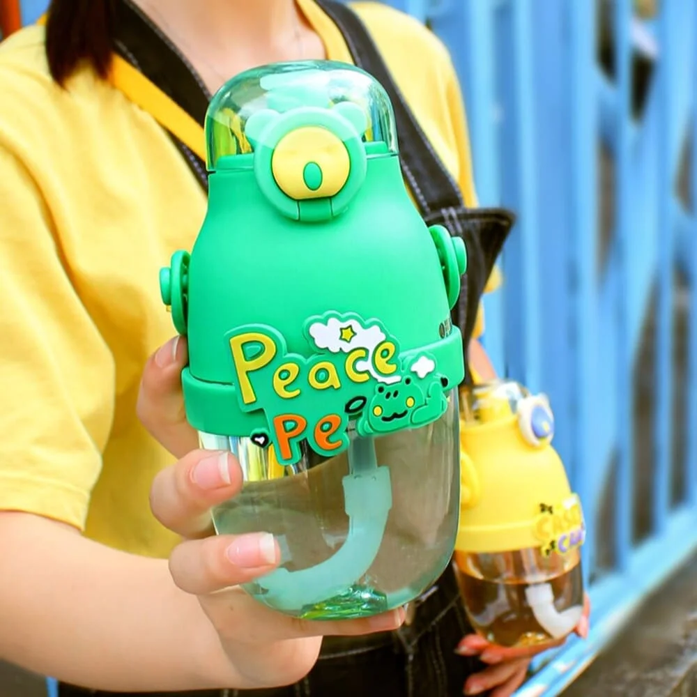 Peace Water Bottle 500ml, Clear Bottle, One-Touch Water Bottle with Straw, Cute, Clear Bottle, Drink Bottle, Crossbody Hanging-Pink