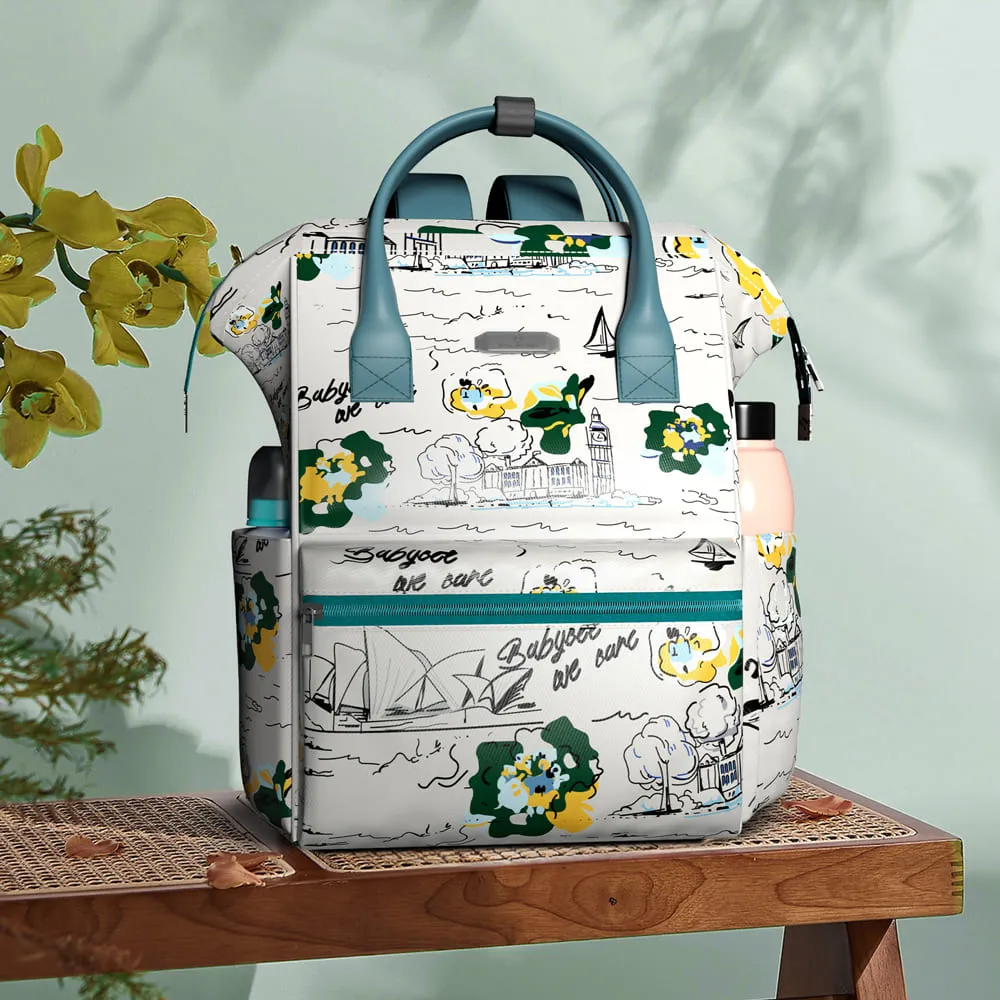 StarAndDaisy Printed Baby Diaper Backpack, Waterproof Nappy Bag for New Moms with Spacious Compartment- Printed White with Blue Zip