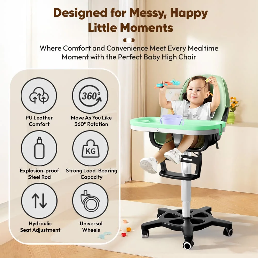 StarAndDaisy Premium High Chair for Babies with 5 Adjustable Seat, Dual Detachable Food Tray, 360 ° Wheels - Green
