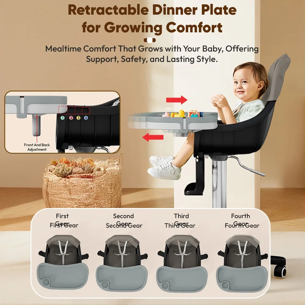 StarAndDaisy Premium Baby High Chair with 5 Adjustable Seat, Dual Detachable Food Tray, 360 ° Wheels - Grey StarAndDaisy Premium Baby High Chair with 5 Adjustable Seat, Dual Detachable Food Tray, 360 ° Wheels - Grey