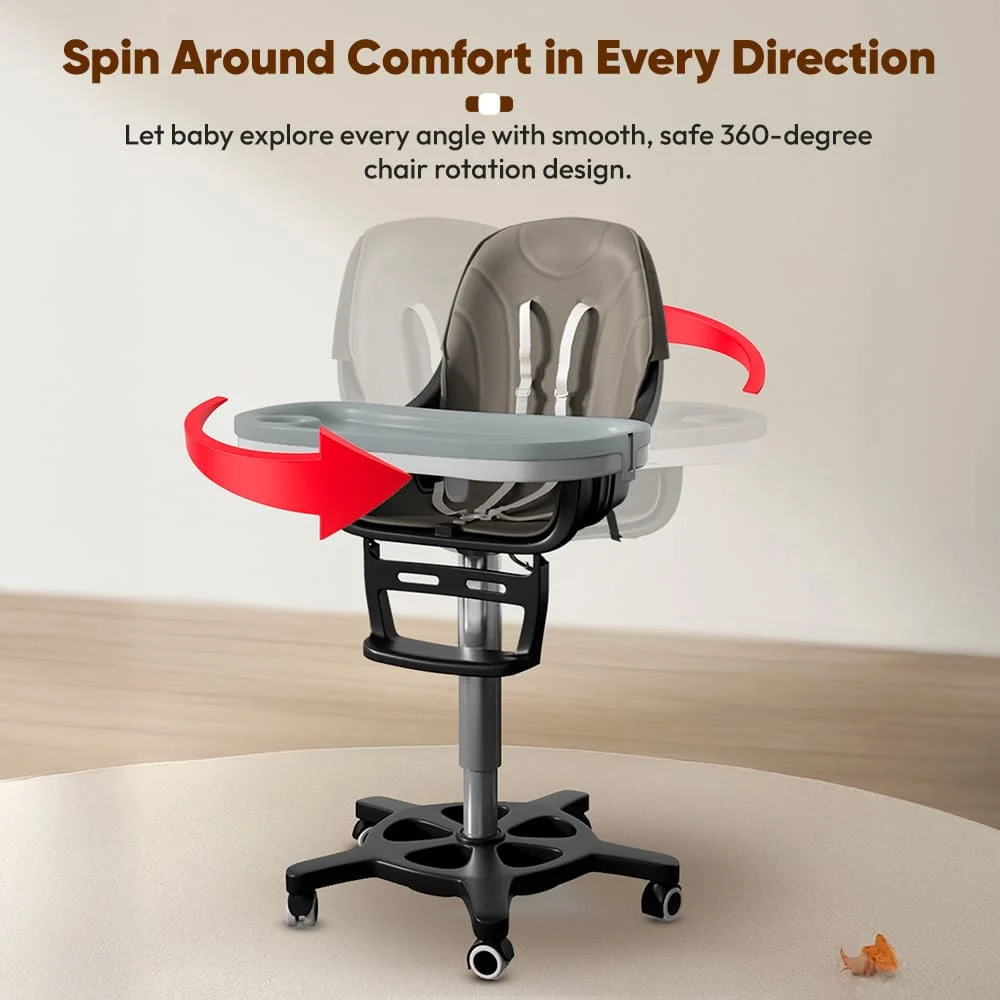 StarAndDaisy Premium Baby High Chair with 5 Adjustable Seat, Dual Detachable Food Tray, 360 ° Wheels - Grey StarAndDaisy Premium Baby High Chair with 5 Adjustable Seat, Dual Detachable Food Tray, 360 ° Wheels - Grey