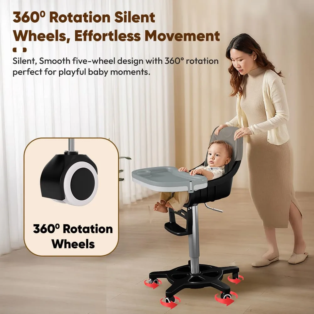 StarAndDaisy Premium Baby High Chair with 5 Adjustable Seat, Dual Detachable Food Tray, 360 ° Wheels - Grey StarAndDaisy Premium Baby High Chair with 5 Adjustable Seat, Dual Detachable Food Tray, 360 ° Wheels - Grey