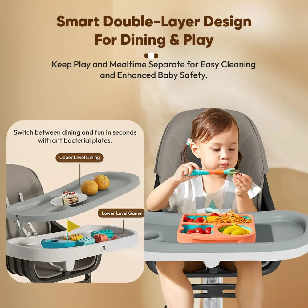StarAndDaisy Premium Baby High Chair with 5 Adjustable Seat, Dual Detachable Food Tray, 360 ° Wheels - Grey StarAndDaisy Premium Baby High Chair with 5 Adjustable Seat, Dual Detachable Food Tray, 360 ° Wheels - Grey