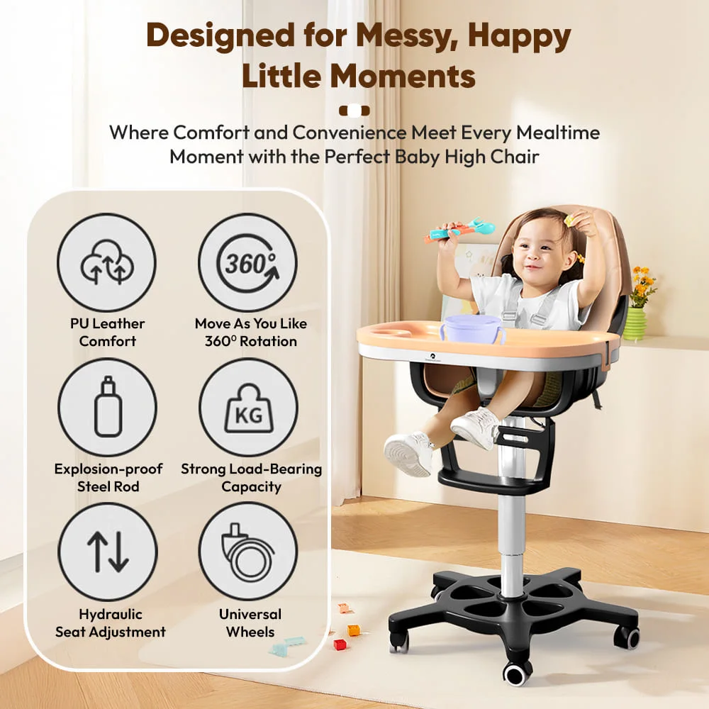 StarAndDaisy Premium High Chair for Baby with 5 Adjustable Seat, Dual Detachable Food Tray, 360 ° Wheels - Peach