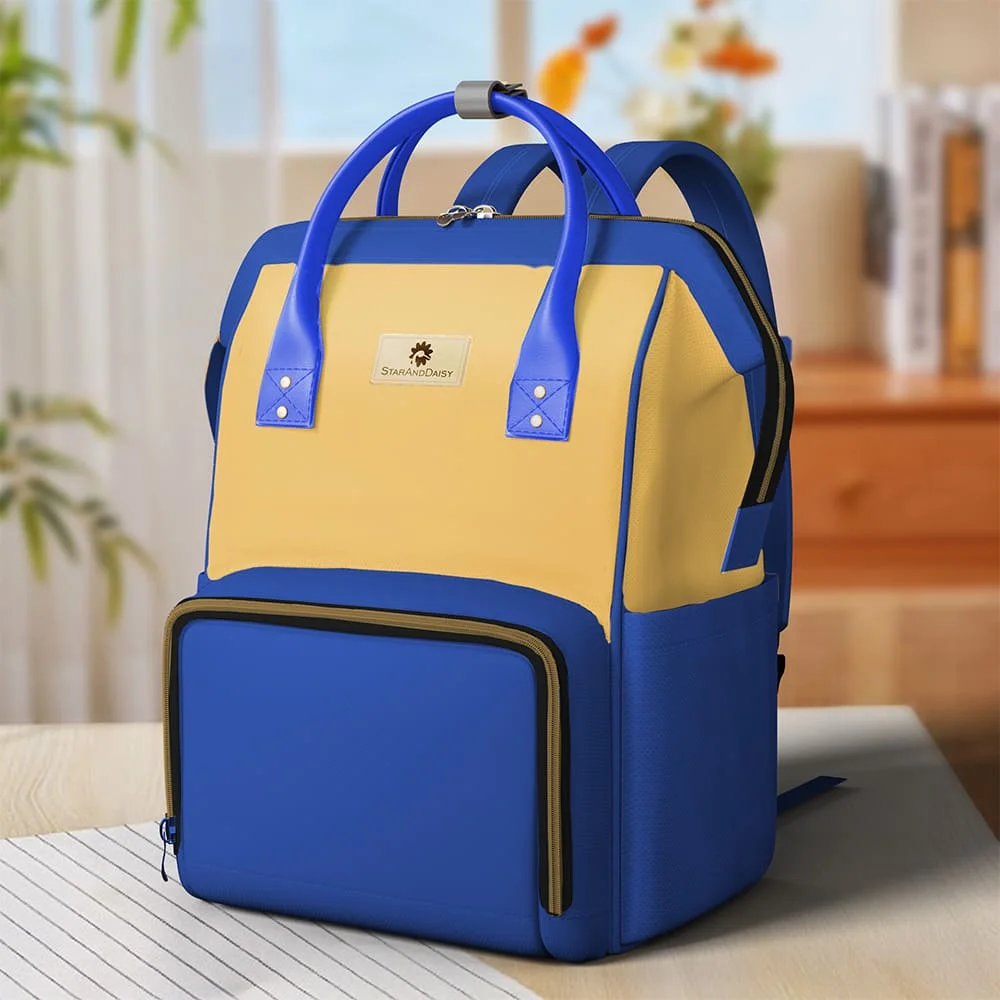 StarAndDaisy Stylish Diaper Bag with Multi-Compartments, Insulated Bottle Pocket, Extra Small Pouch - Blue Yellow