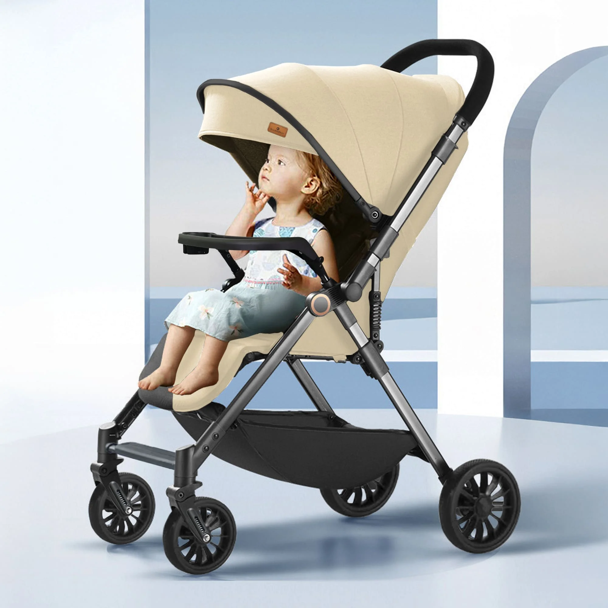 StarAndDaisy Baby Stride Premium Travel Pram with Three Seat Adjustment, Infant Stroller with Wheels and Adjustable Footrest - Khaki