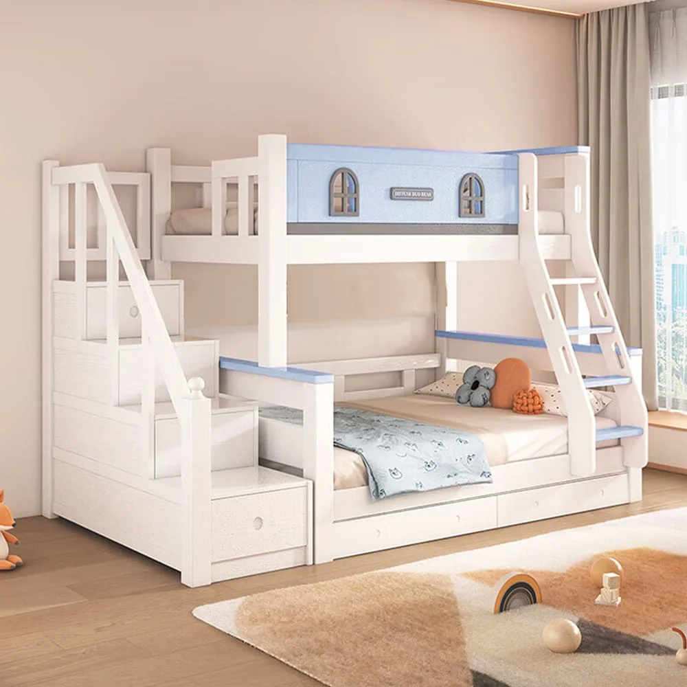 StarAndDaisy Stylish Kids Bunk Bed with Ladder Storage, Double Decker Kids Bed with Bed Guardrail - T2 Blue