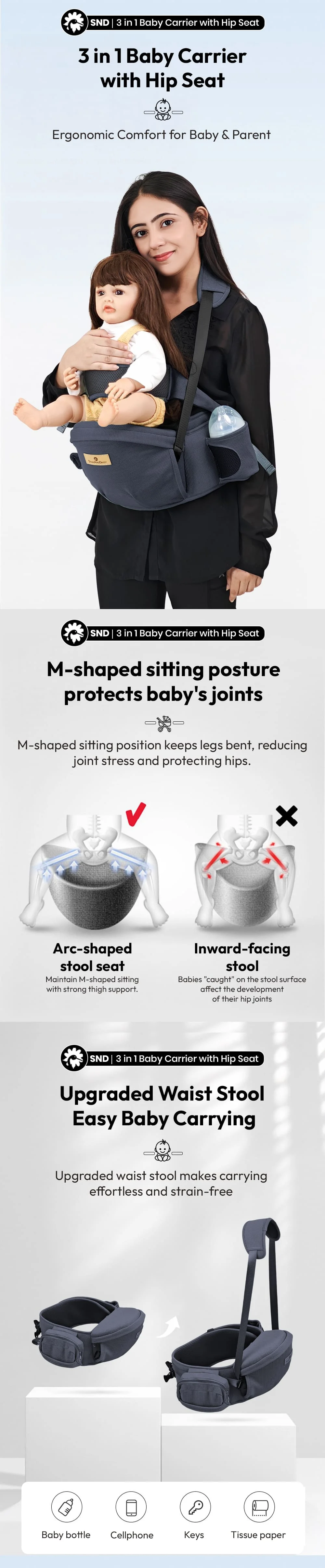 3-in-1 Baby Cariier Bag with Heap Seat