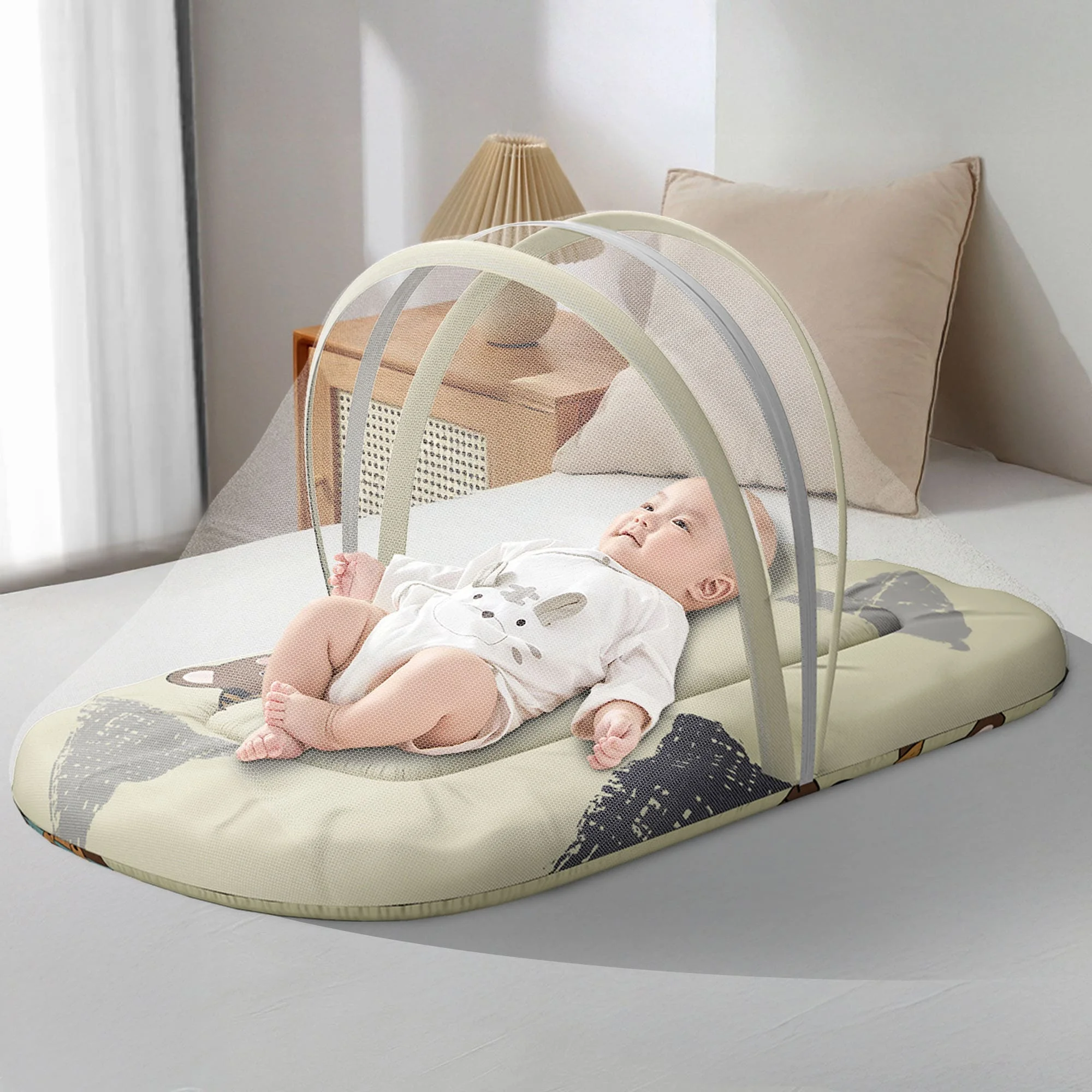 bed with mosquito net teddy print